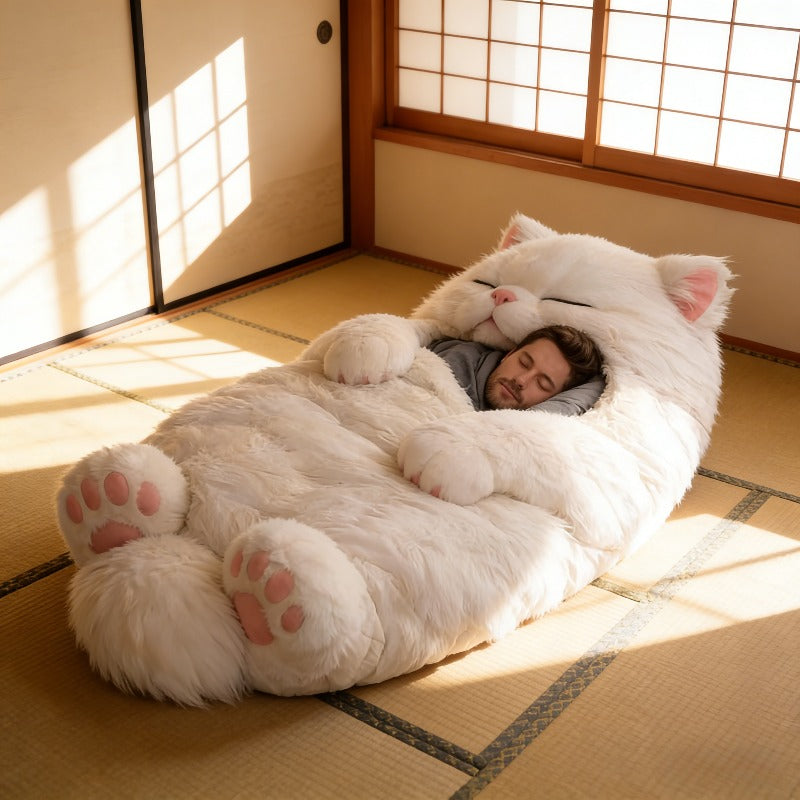 2pcs Giant Cat-Shaped Sleeping Bag & Blanket Suitable for Adults - Fluffy Fuzzy Warm Bed with Paws, Indoor\u002FOutdoor Camping Napping Mat, Cozy Cat Bed for,, for - Use