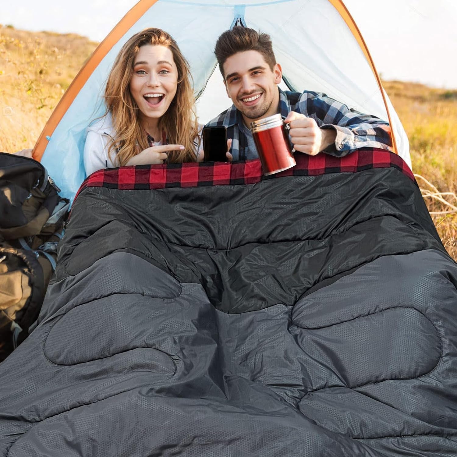 2-Person High Quality Lightweight Double Sleeping Bag for Camping & Hiking - Queen Size Warm Winter Sleeping Gear with Compression Sack, Synthetic Suitable for Backpacking, Adults Outdoor Shelter, Weather Adventures