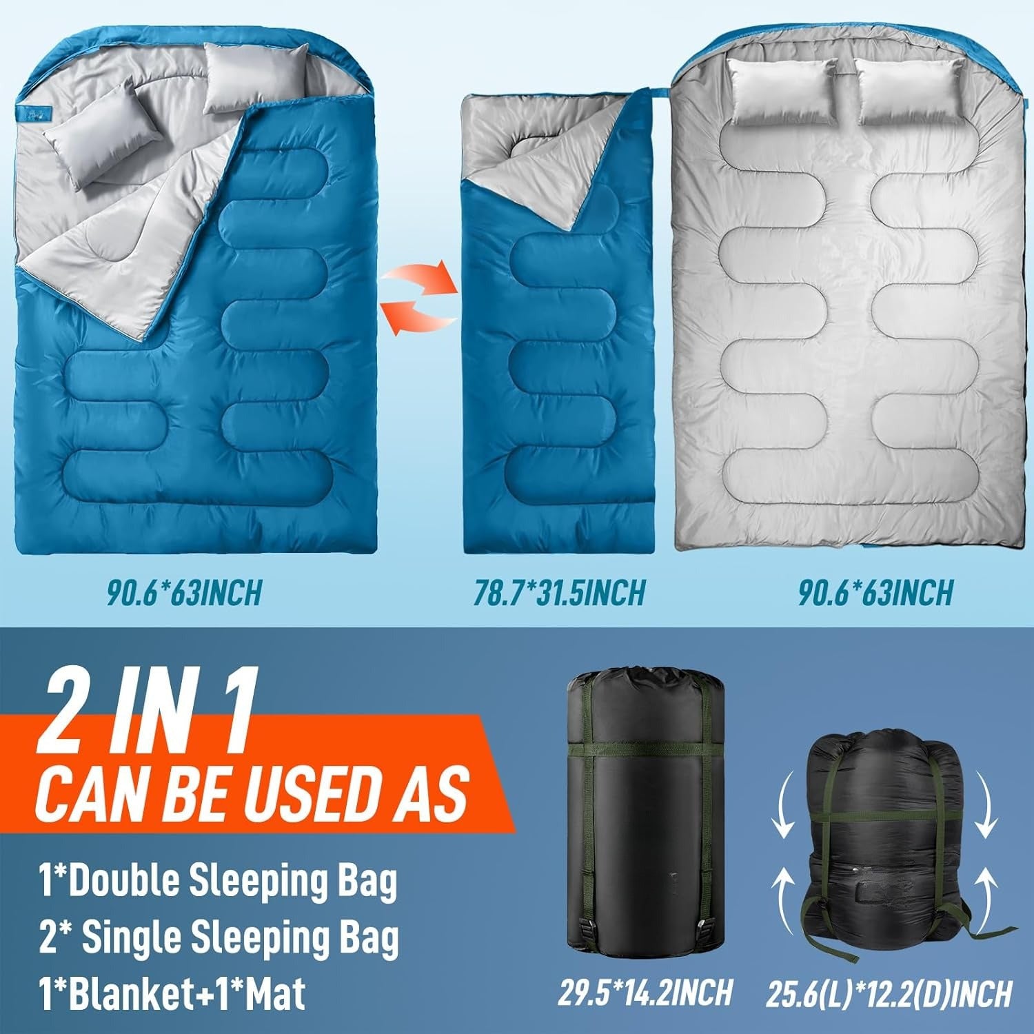 Double Sleeping Bag for Adults with Pillow, XL Queen Size Two Person Sleeping Bag for All Season Camping Hiking Backpacking 2 Person Sleeping Bags for Cold Weather & Warm