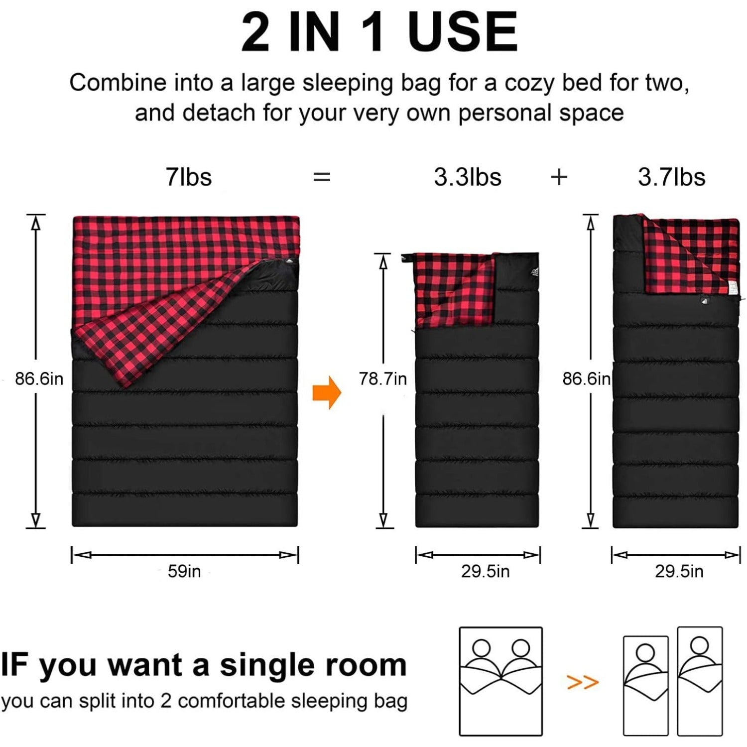 2-Person High Quality Lightweight Double Sleeping Bag for Camping & Hiking - Queen Size Warm Winter Sleeping Gear with Compression Sack, Synthetic Suitable for Backpacking, Adults Outdoor Shelter, Weather Adventures