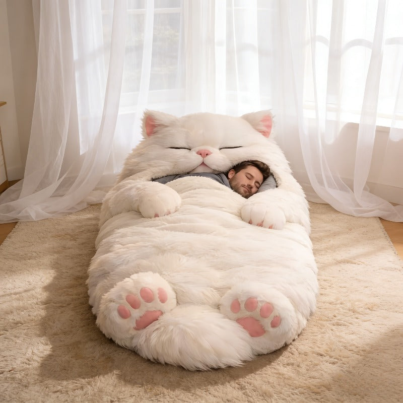 2pcs Giant Cat-Shaped Sleeping Bag & Blanket Suitable for Adults - Fluffy Fuzzy Warm Bed with Paws, Indoor\u002FOutdoor Camping Napping Mat, Cozy Cat Bed for,, for - Use