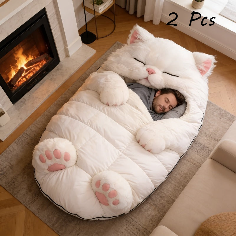 2pcs Giant Cat-Shaped Sleeping Bag & Blanket Suitable for Adults - Fluffy Fuzzy Warm Bed with Paws, Indoor\u002FOutdoor Camping Napping Mat, Cozy Cat Bed for,, for - Use