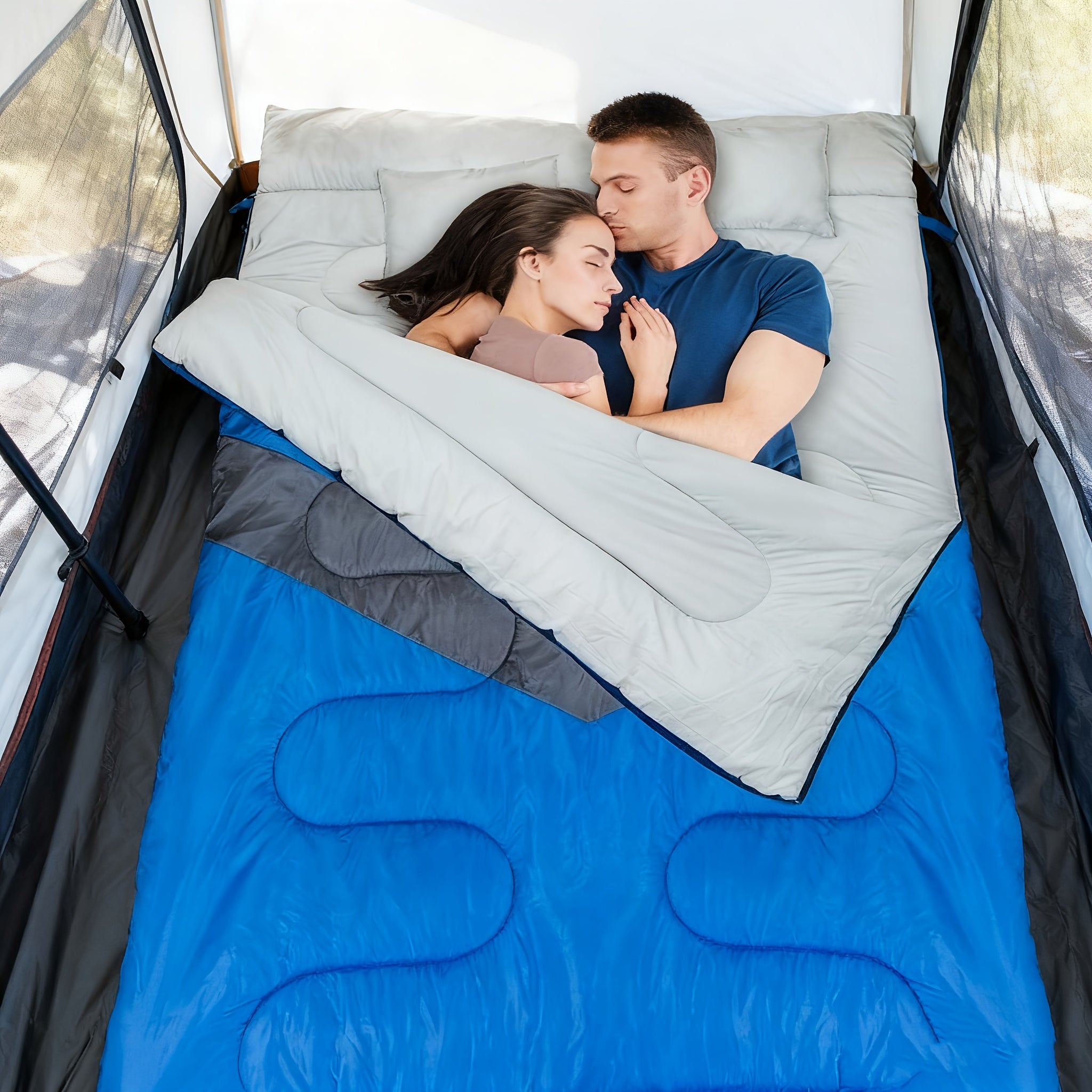 Double Sleeping Bag, 2 Person Sleeping Bag for Adult Mens Camping, Two Person Sleeping Bag with Pillow Outdoor Indoor, XL Queen Size Sleeping Bag for Cold Warm Weather