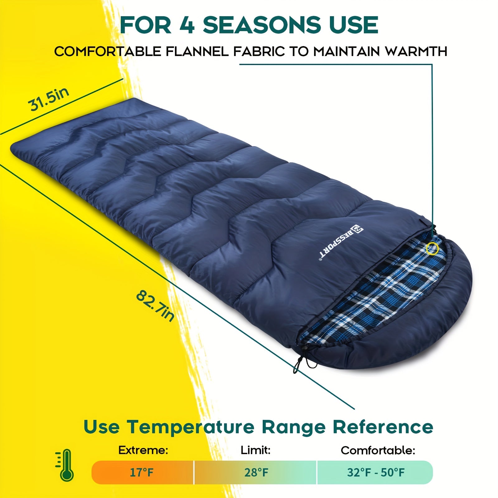 Bessport Winter Sleeping Bag, Flannel Lining 18-32 Fahrenheit Extreme 3-4 Seasons Warm And Cool Weather Adult Sleeping Bag Large, Lightweight, High Quality, Suitable for Camping, Backpacking, Hiking, Outdoor Adventure, Hiking Equipment, Portable