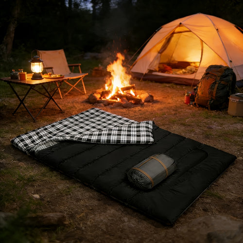 2-Person High Quality Lightweight Double Sleeping Bag for Camping & Hiking - Queen Size Warm Winter Sleeping Gear with Compression Sack, Synthetic Suitable for Backpacking, Adults Outdoor Shelter, Weather Adventures